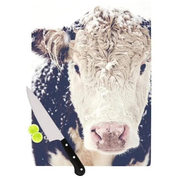 KESS InHouse Debbra Obertanec 'Snowy Cow' Black White Cutting Board