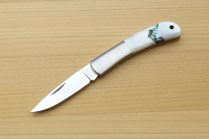 Moki AUS-8 Stainless Steel Mirror Polished Lockback Folding Pocket Knife with Abalone Arrow inlay