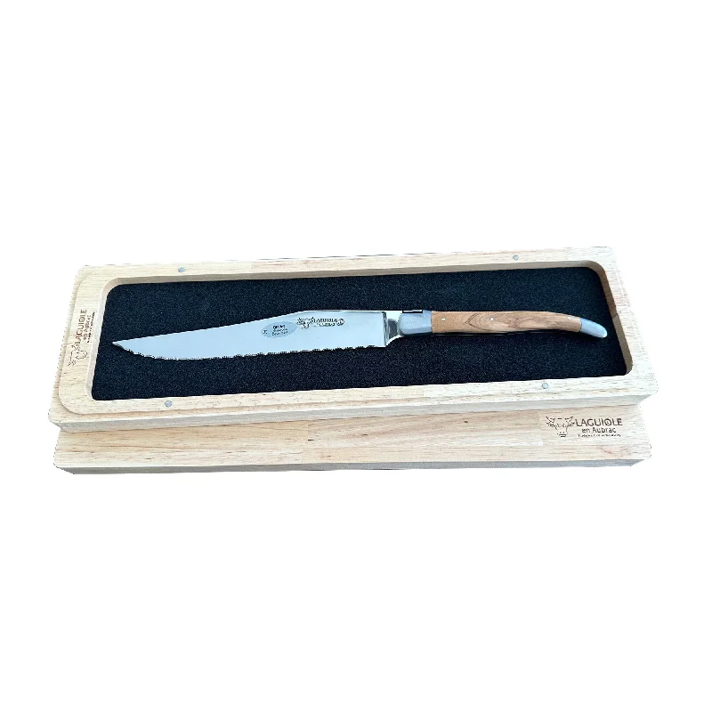 Laguiole en Aubrac Stainless Steel Bread Serrated Knife With Olivewood Handle, 7-in