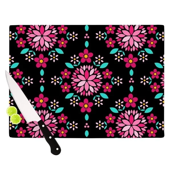 Kess InHouse Anneline Sophia "Dahlia Mandala" Pink Black Cutting Board