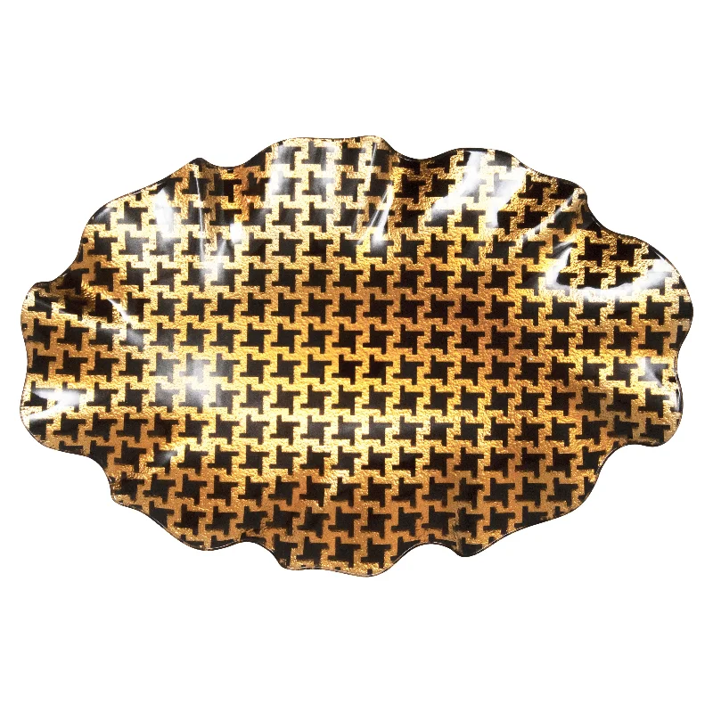 Gold & Dark Brown Hounds Tooth Handkerchief Large Bent Glass Tray