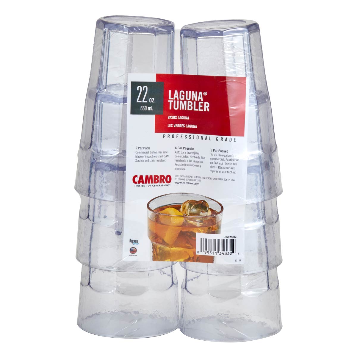 Cambro LT22SW6152 Laguna Fluted Tumbler, Clear, 22 oz., Pack of 6