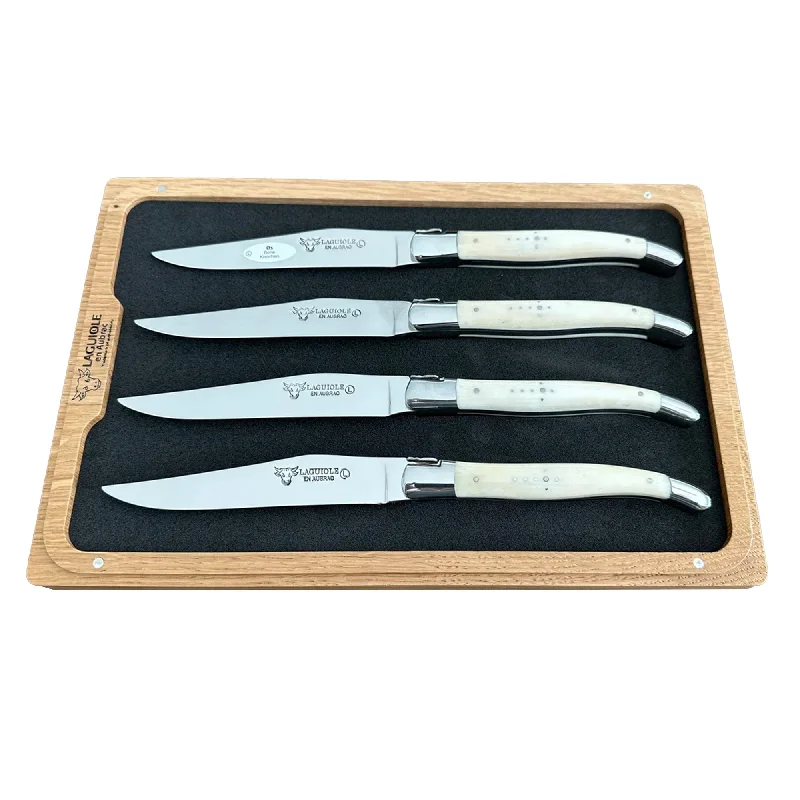 Laguiole en Aubrac Handcrafted 4-Piece Steak Knife Set with Zebu Bone Handles, Polished Bolsters