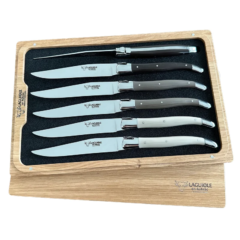 Laguiole en Aubrac Handcrafted 6-Piece Steak Knife Set With Mixed Corian Handles