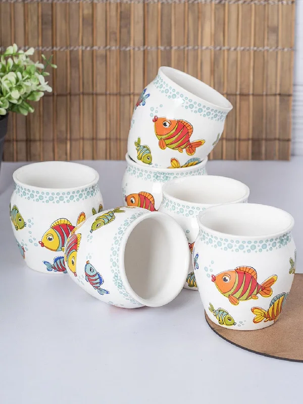 MARKET99 Fish Printed Ceramic Kullad, (Each 130 mL, Set Of 6 Pcs)