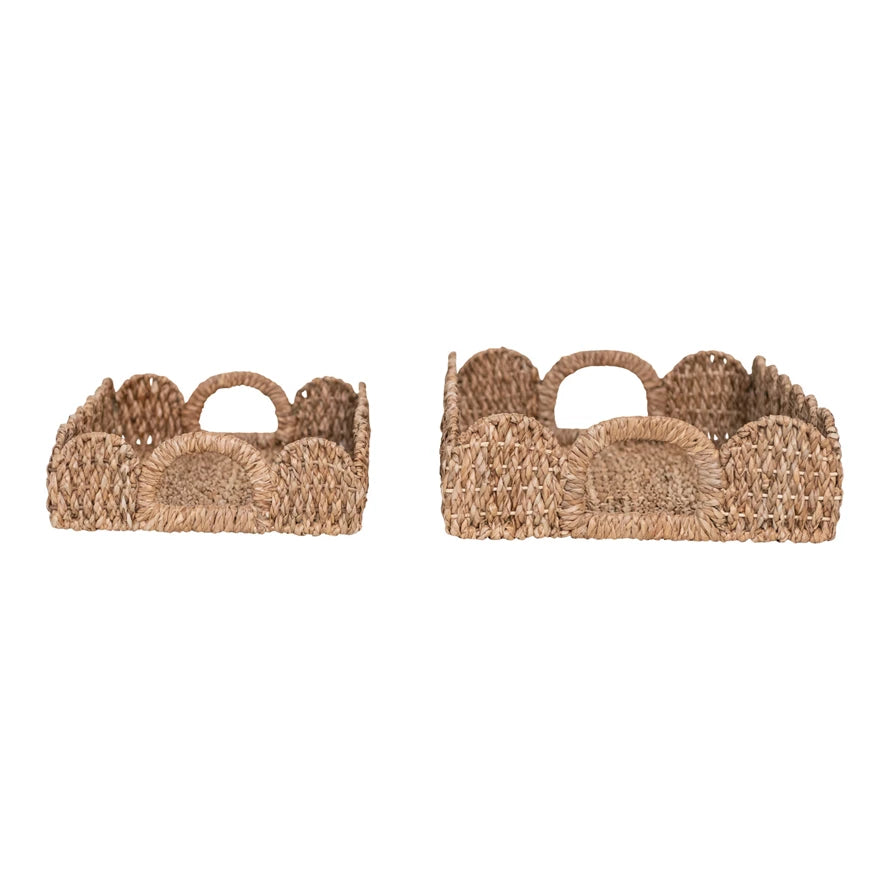 Decorative Braided Bankuan Trays with Handles & Scalloped Edge, Set of 2