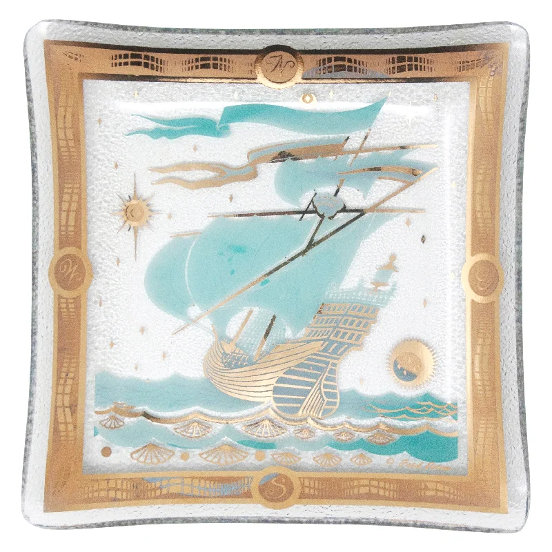 Fred Press Aqua & Gold Sailing Ship Bent Glass Square Tray