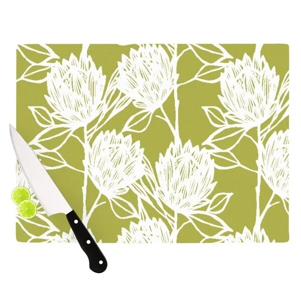 Kess InHouse Gill Eggleston 'Protea Olive White Flower' Green Tempered Glass Cutting Board