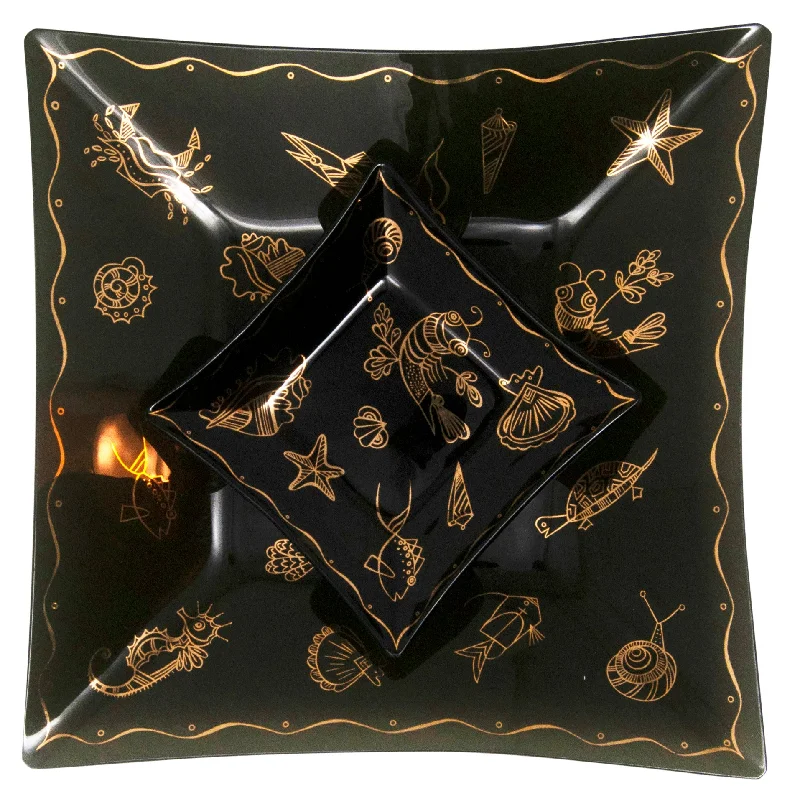 Black & Gold Sea Creatures Bent Glass Trays Set