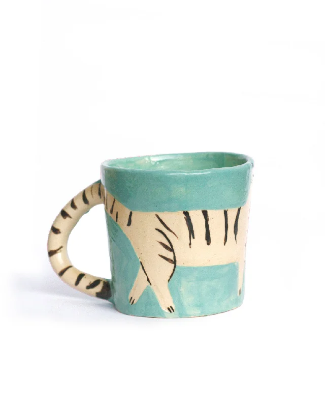 Hand-Painted Cat Mug with Tail Handle