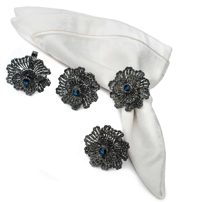 SALE Buttercup Silver Plated with Blue Crystal Napkin Rings Set of 4