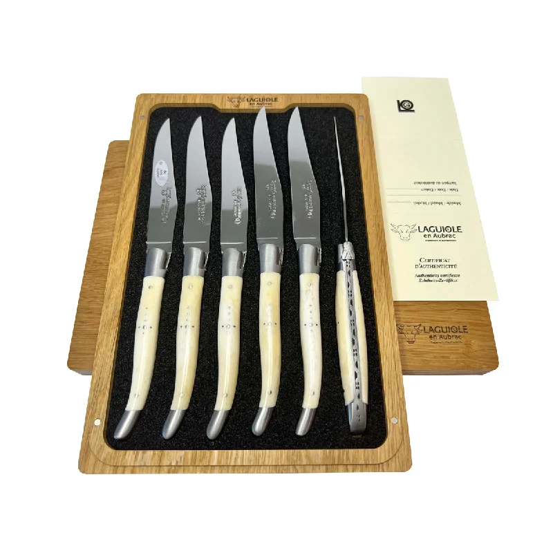 Laguiole en Aubrac Handcrafted 6-Piece Steak Knife Set with Bone Handles, Brushed Bolsters