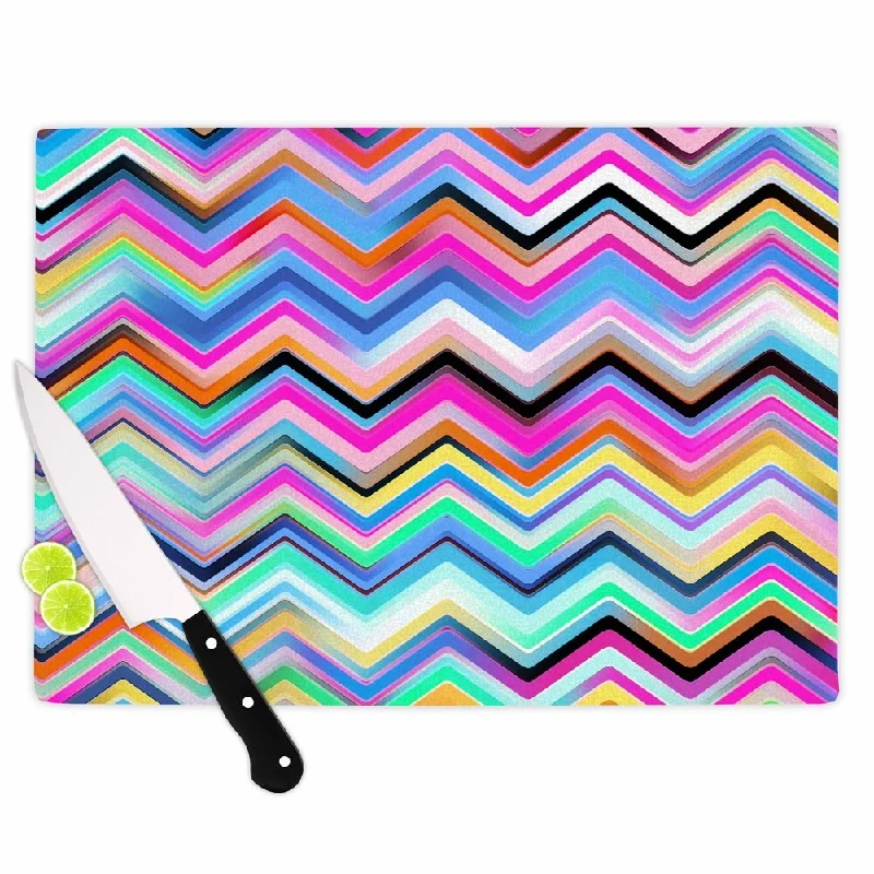 KESS InHouse Dawid Roc Colorful Rainbow Chevron Multicolor Blue Cutting Board