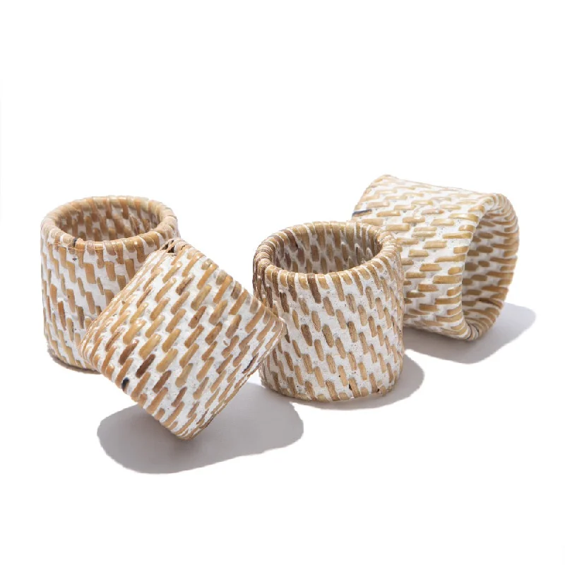 White Wash Rattan Napkin Ring Set