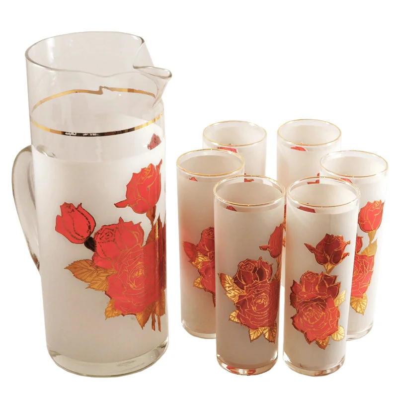 West Virginia Glass Red and Gold Roses Cocktail Pitcher Set