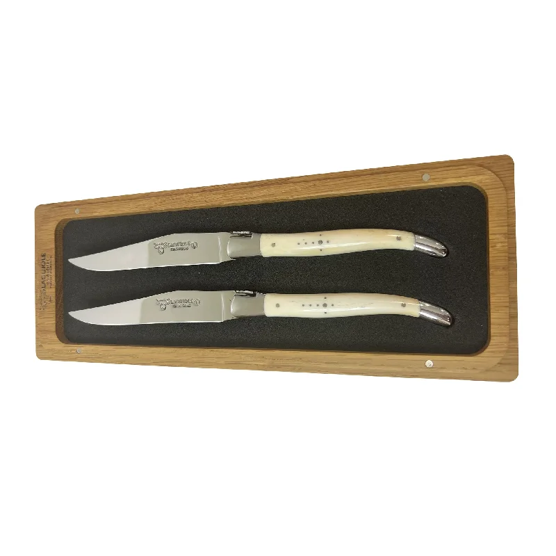 Laguiole en Aubrac Handcrafted 2-Piece Steak Knife Set with Zebu Bone Handles, Polished Bolsters