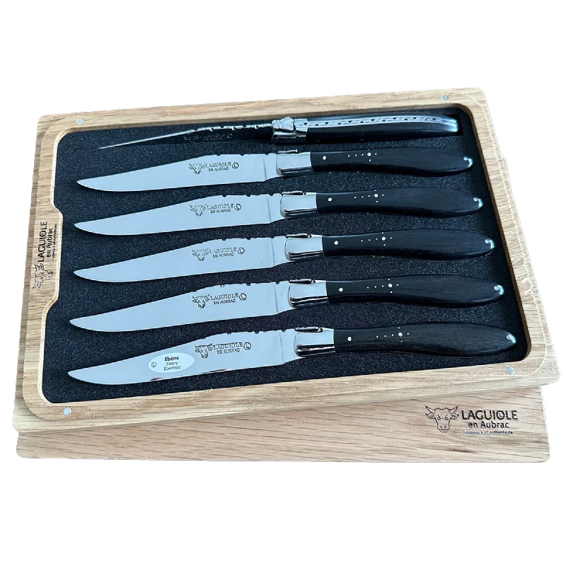 Laguiole en Aubrac Handcrafted Crocus 6-Piece Steak Knife Set With Ebony Wood Handles