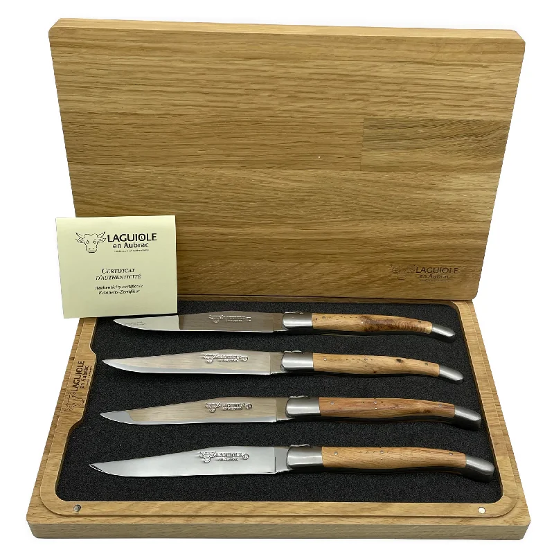 Laguiole en Aubrac Handcrafted 4-Piece Steak Knife Set with Juniper Wood Handles