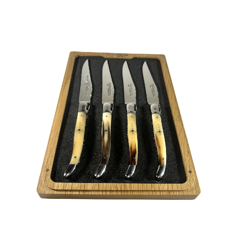 Laguiole en Aubrac Luxury Handcrafted Stainless Steel & Brass Double Plate 4-Piece Steak Knife Set with Solid Horn Handles