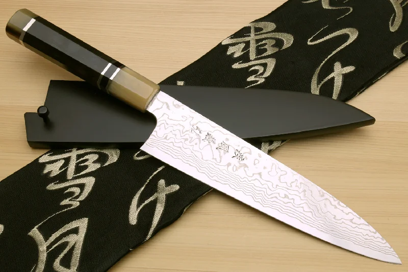 Yoshihiro Hayate ZDP-189 Super High Carbon Stainless Steel Suminagashi Gyuto Chef Knife Octagonal Ebony Wood Handle with Triple Ring