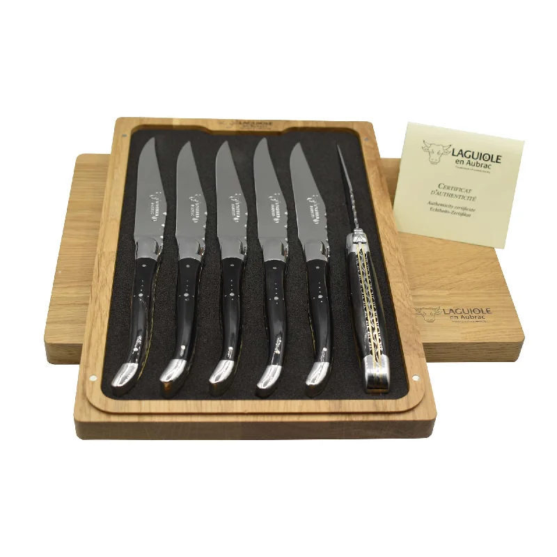 Laguiole en Aubrac Luxury Handcrafted Stainless Steel & Brass Double Plate 6-Piece Steak Knife Set with Buffalo Horn Handles