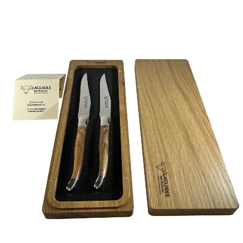 Laguiole en Aubrac Handcrafted 2-Piece Steak Knife Set with Teak Wood Handles