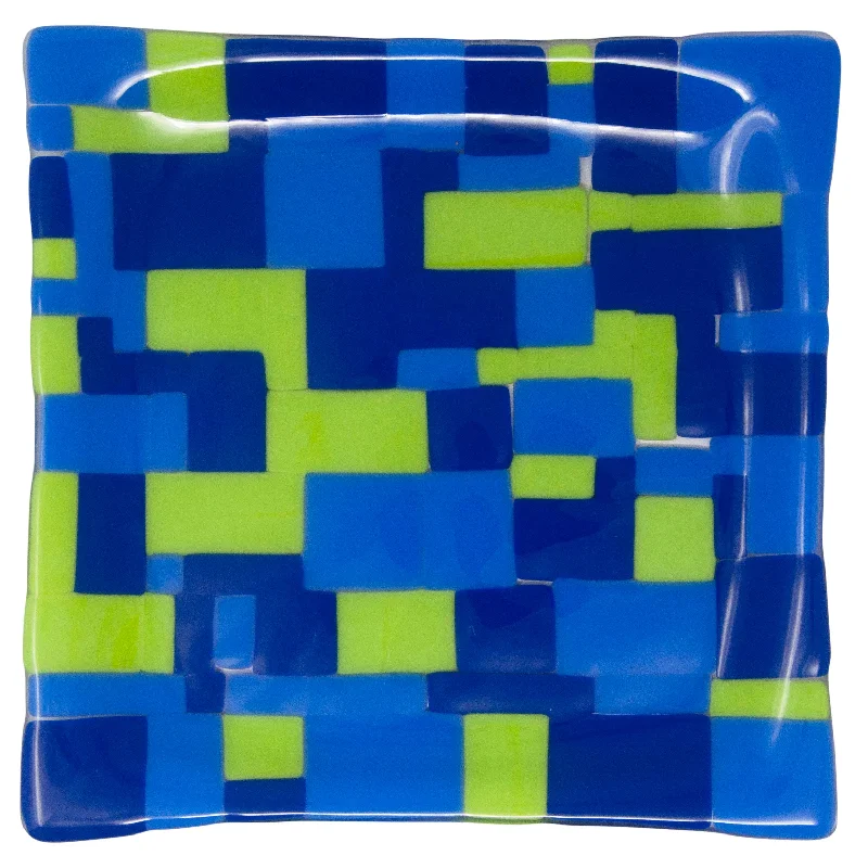 Blue & Green Squares & Rectangles Bent Glass Tray