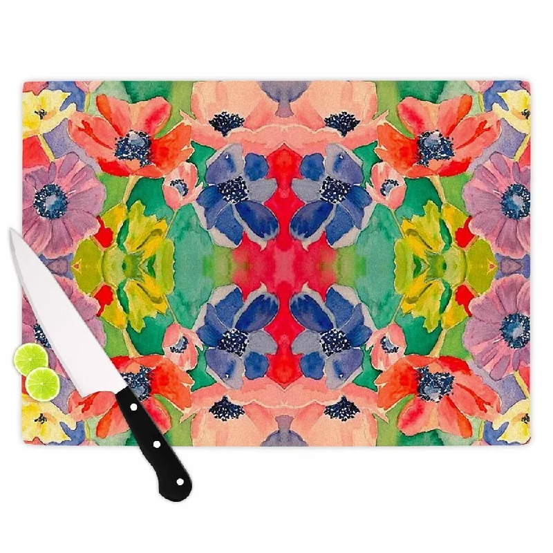 Kess InHouse Gukuuki 'Spring Time' Multicolored Floral Tempered Glass Cutting Board