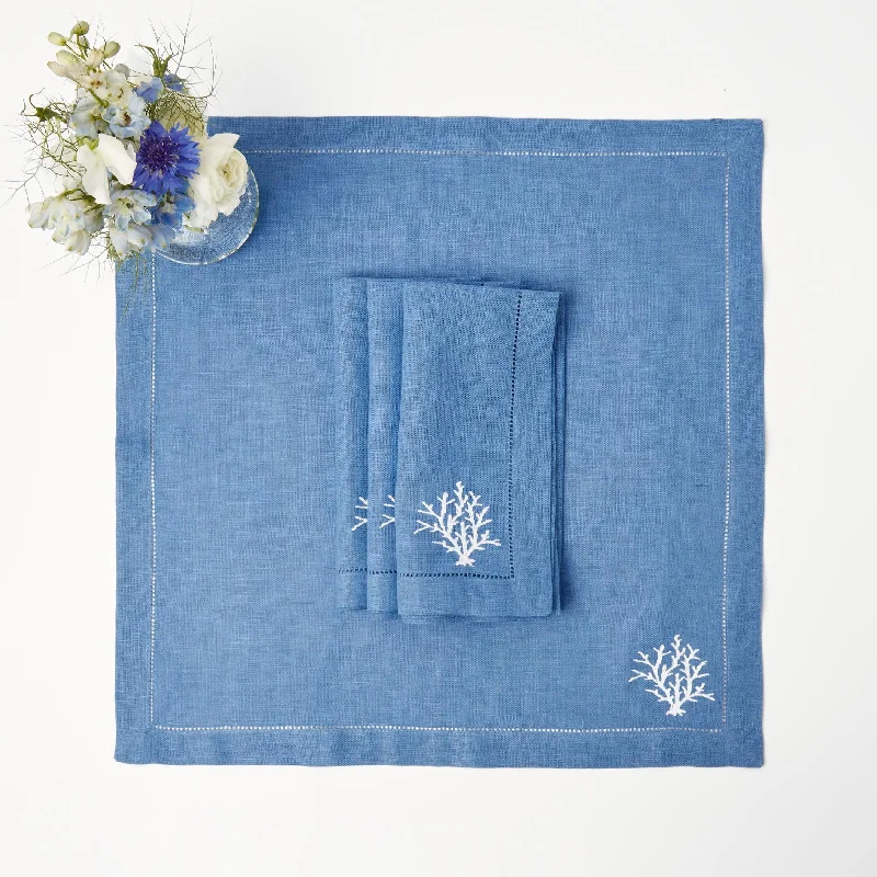 Coral Blue Linen Napkins (Set of 4)