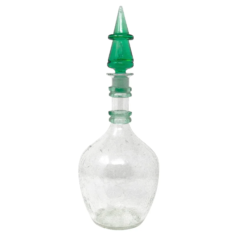 Blenko Clear Crackle Glass & Green Decanter