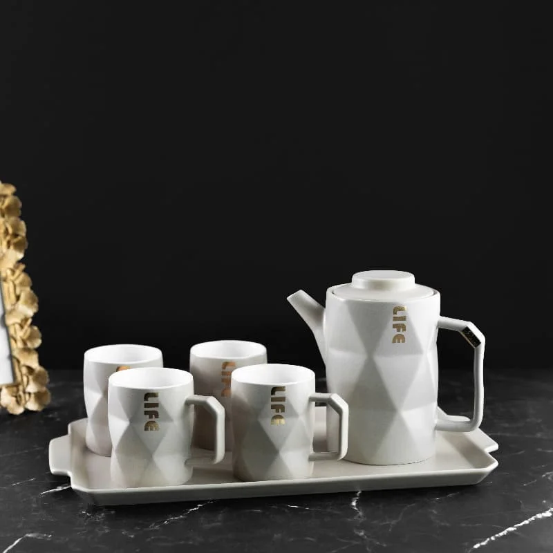 Geometrical Ceramic Tea Cup & Tea Pot Set With Serving Tray