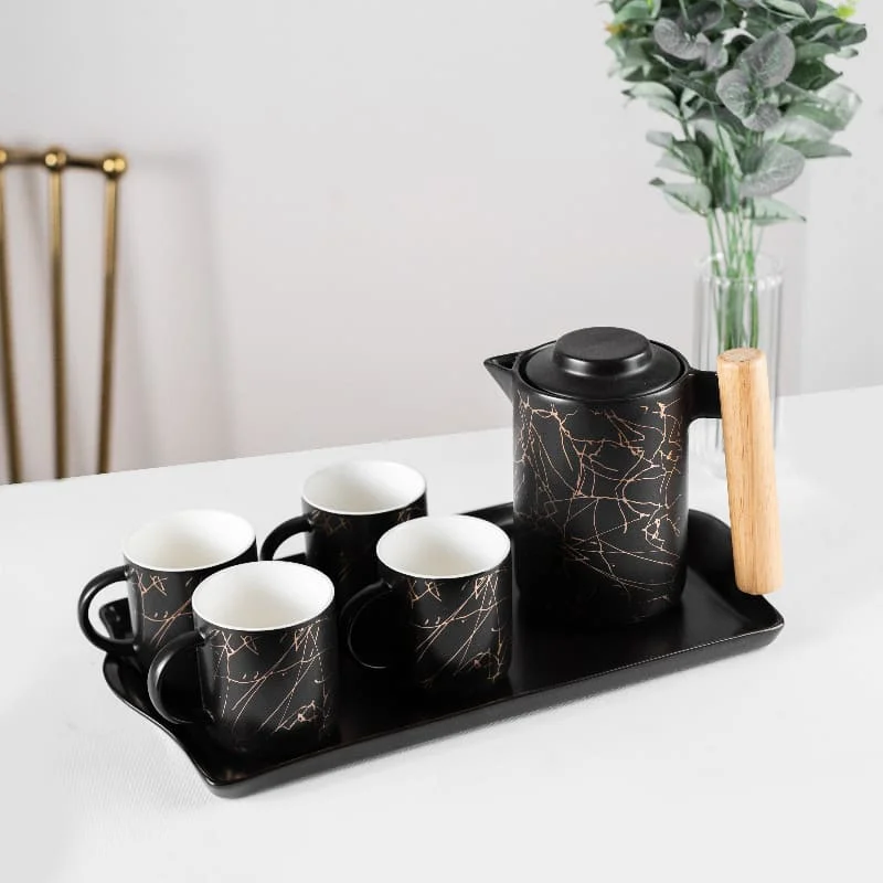 Gold Marble Pattern Tea Cup with Tea Pot Set