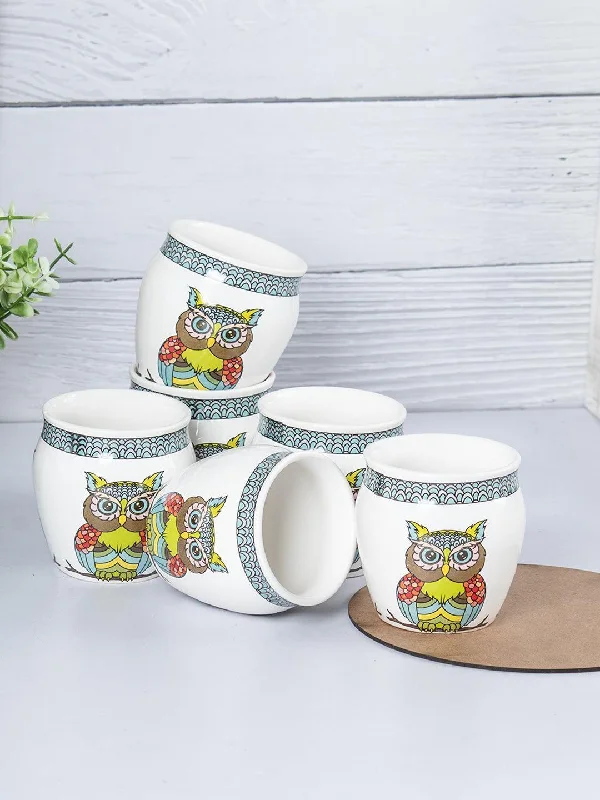 MARKET99 Owl Printed Ceramic Kullad, (Each 130 mL, Set Of 6 Pcs)