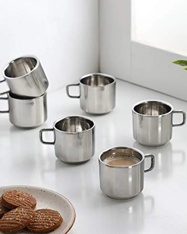 Tea Cups, Silver, Stainless Steel, Set of 6, 100 mL