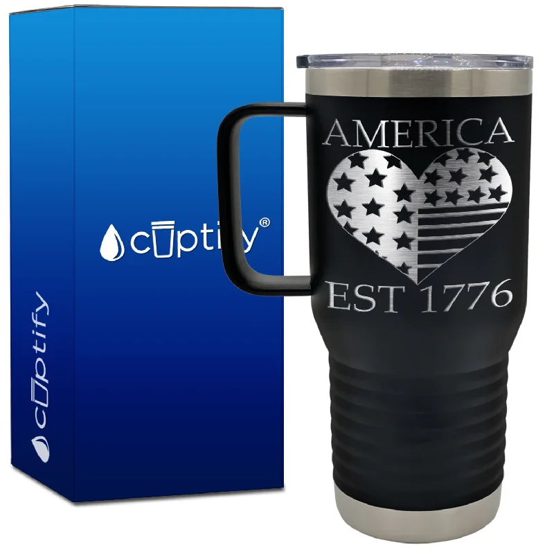 America Est 1776 Heart 20oz 4th of July Travel Mug