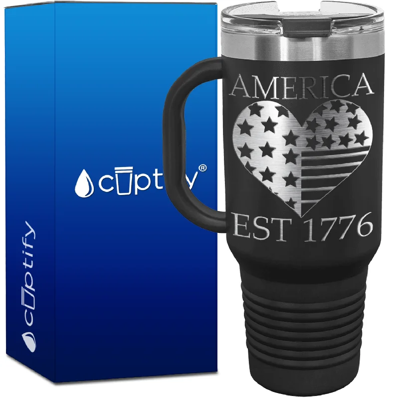 America Est 1776 Heart 40oz 4th of July Travel Mug