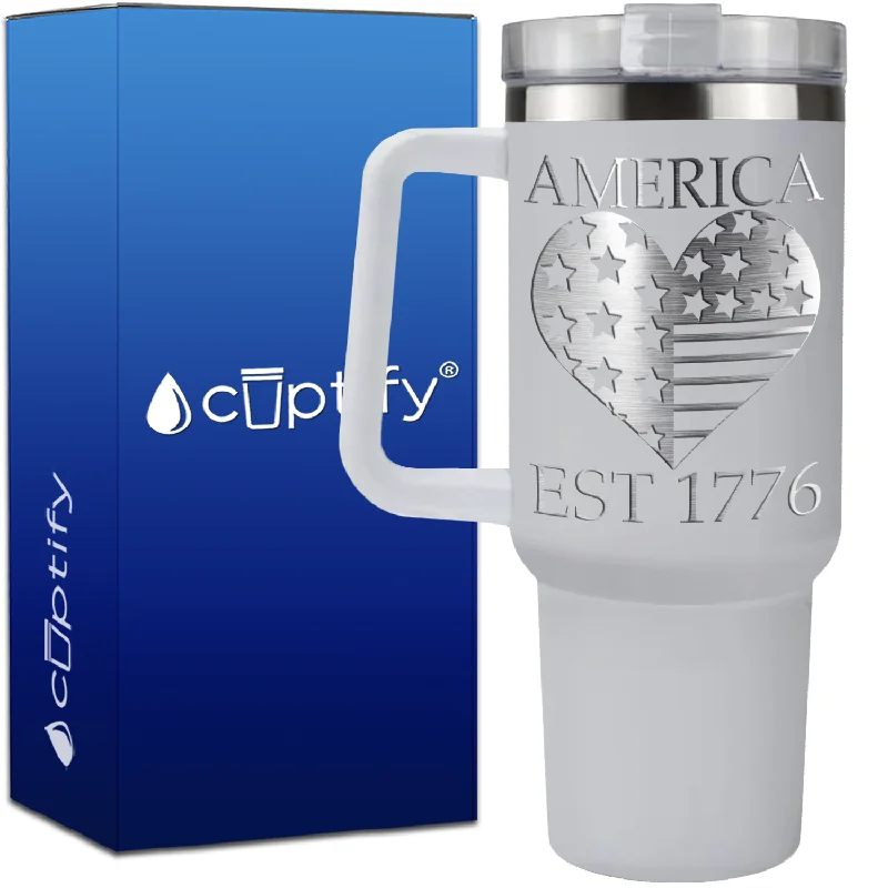 America Est 1776 Heart on 40oz 4th of July Traveler Mug