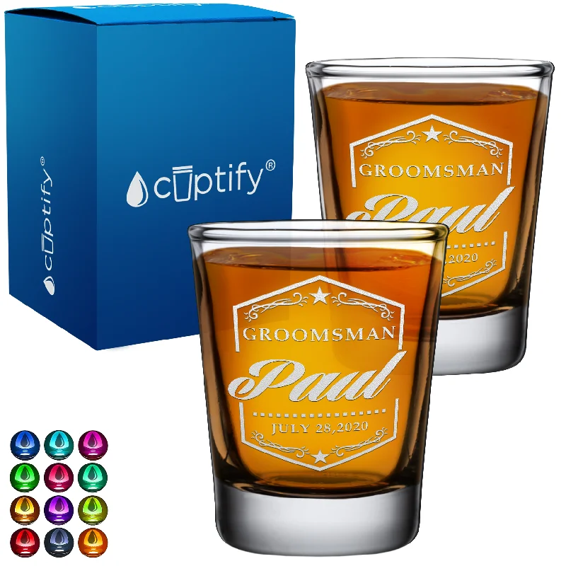 Personalized Groomsman Border Ornament 2oz Shot Glasses - Set of 2