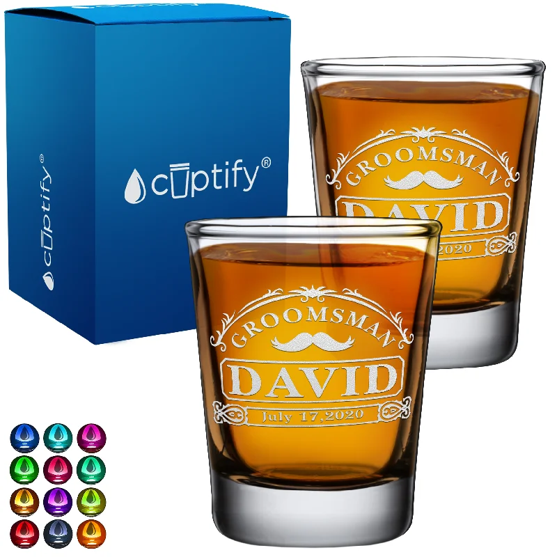 Personalized Groomsman with Mustache 2oz Shot Glasses - Set of 2