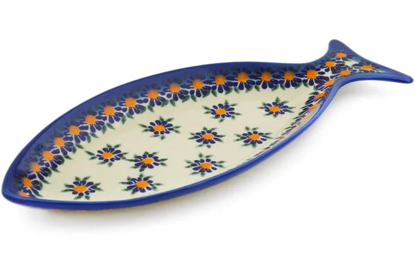 13" Fish Shaped Platter - Blue Daisy